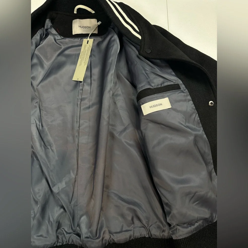 NWT HUDSON Mens Wool Varsity Bomber Jacket Size L Black‎ Ivory Faux Leather $248